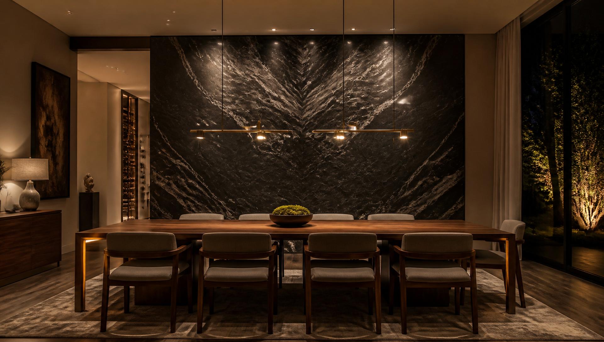 Sala de jantar com painel de mármore